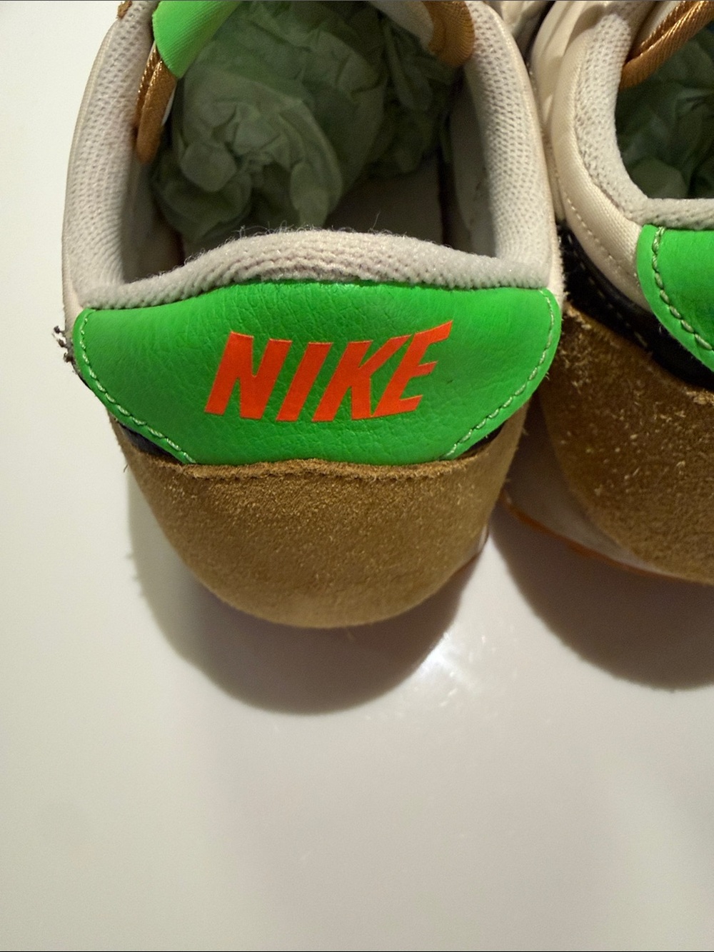 Nike White, Tan & Black Retro Runner with Neon Green Tongue Accents